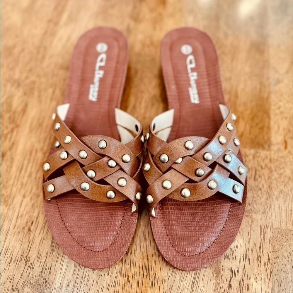 🌟Cognac Brown Studded Flat Slides Mule Sandal Woven Straps Summer Resort